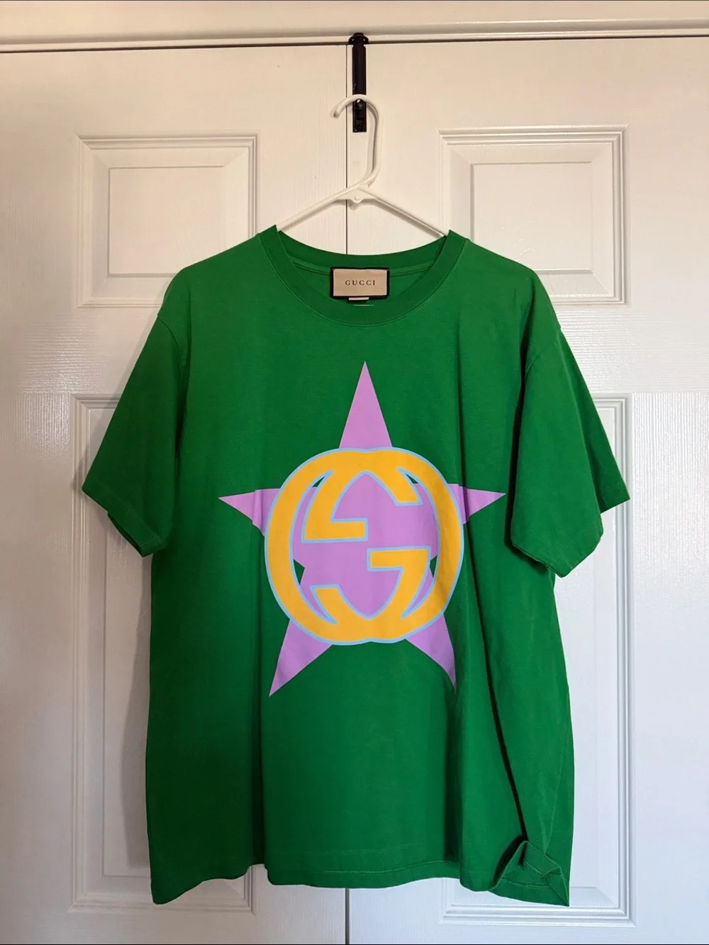Gucci Green Tee with Pastel Star and Yellow Logo